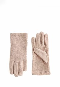 Gants en laine rose pâle avec une finition douce et texturée. Un gant présente un pouce distinct; les deux ont une forme classique de gant.