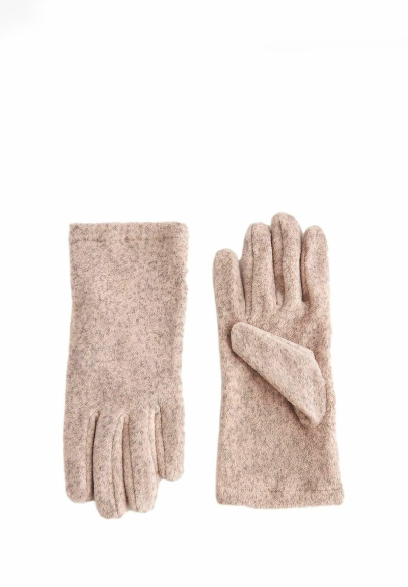 Gants en laine rose pâle avec une finition douce et texturée. Un gant présente un pouce distinct; les deux ont une forme classique de gant.