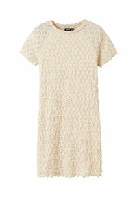 Robe à manches courtes en beige clair avec un motif floral texturé. Présente un col rond et une coupe décontractée. Tissu doux avec un léger stretch.