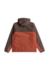 Men's hooded jacket featuring a brown top section and orange bottom, elastic cuffs, and a smooth, matte texture.