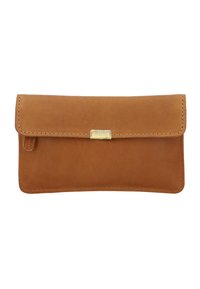 Brown leather wallet with stitched edges and a small rectangular gold clasp on the front flap, set against a white background.