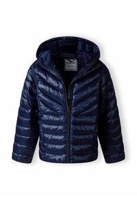 Mörkblå puffjacka med en glänsande finish, chevron-quiltat mönster, framzip och justerbar huva. Mjuk innerfoder.