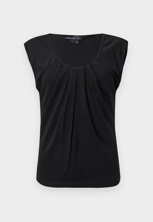 Svart, ermeløs topp med scoop-hals og frontfolder. Laget av glatt stoff med en avslappet passform og rundet kant nederst.