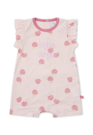 Peto para bebé en rosa claro con mangas cortas con volantes, estampado de manzana rosa y texto "little apple" en el frente. Cierres a presión en la parte inferior.