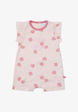Peto para bebé en rosa claro con mangas cortas con volantes, estampado de manzana rosa y texto "little apple" en el frente. Cierres a presión en la parte inferior.