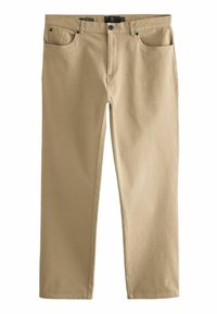 Chinos en coton beige avec une coupe droite, dotés de poches avant, d'une fermeture éclair et d'une étiquette textile sur la taille.