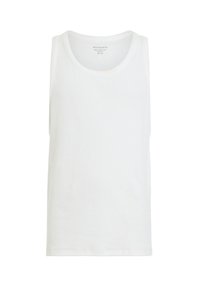 Witte katoenen tanktop met een ronde halslijn en zonder mouwen. Glad textuur en eenvoudig ontwerp, met een rechte zoom en minimale branding.