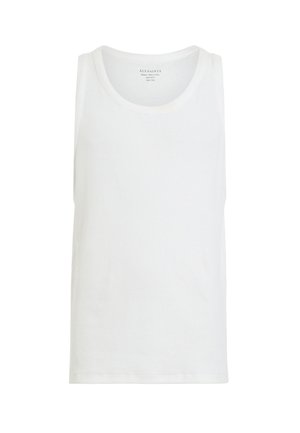 Weißes Baumwoll-Trägertop mit Rundhalsausschnitt und ohne Ärmel. Glatte Oberfläche und schlichtes Design, mit geradem Saum und minimalem Branding.