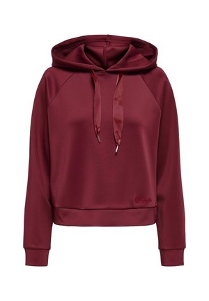 Burgundy cropped hoodie made of smooth fabric, featuring a hood, satin drawstrings, and ribbed cuffs. Light logo detail on front.