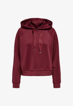 Burgundy cropped hoodie made of smooth fabric, featuring a hood, satin drawstrings, and ribbed cuffs. Light logo detail on front.
