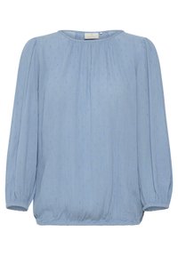 Helle blaue Bluse mit Rundhalsausschnitt, langen Puffärmeln und strukturiertem Stoff, der subtile dekorative Punkte aufweist. Gummizug am Saum.