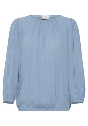 Light blue blouse with a round neckline, long puffed sleeves, and textured fabric featuring subtle decorative dots. Elastic hem at the bottom.