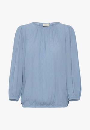 Lichtblauwe blouse met een ronde halslijn, lange opgeblazen mouwen en een textuurstof met subtiele decoratieve stippen. Elastische zoom aan de onderkant.
