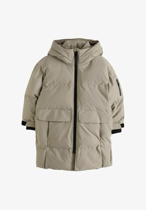 Leichte, gepolsterte Jacke in hellem Beige mit Kapuze, Frontreißverschluss, zwei großen Fronttaschen und elastischen Bündchen mit schwarzen Akzenten.