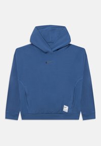 Sudadera con capucha azul hecha de material suave. Cuenta con un bolsillo frontal, puños acanalados y un pequeño logo negro de Nike en el pecho.