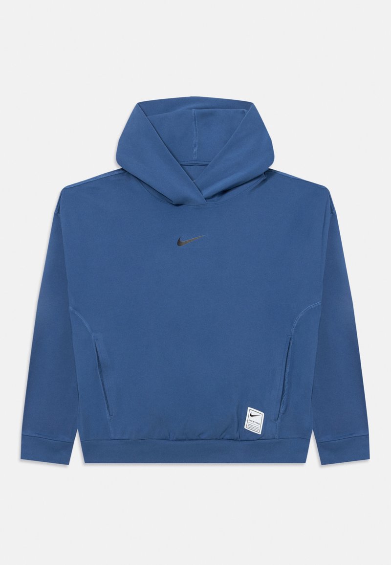 Sudadera con capucha azul hecha de material suave. Cuenta con un bolsillo frontal, puños acanalados y un pequeño logo negro de Nike en el pecho.