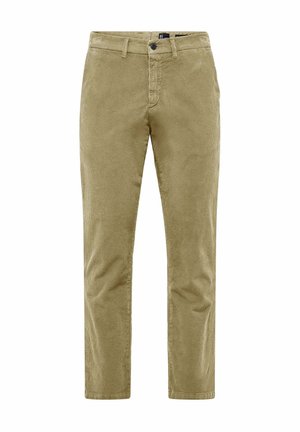 Beige Cordhosen mit Struktur, geraden Beinen, Fronttaschen und einem Knopfverschluss. Der Stoff weist feine vertikale Rippungen auf.