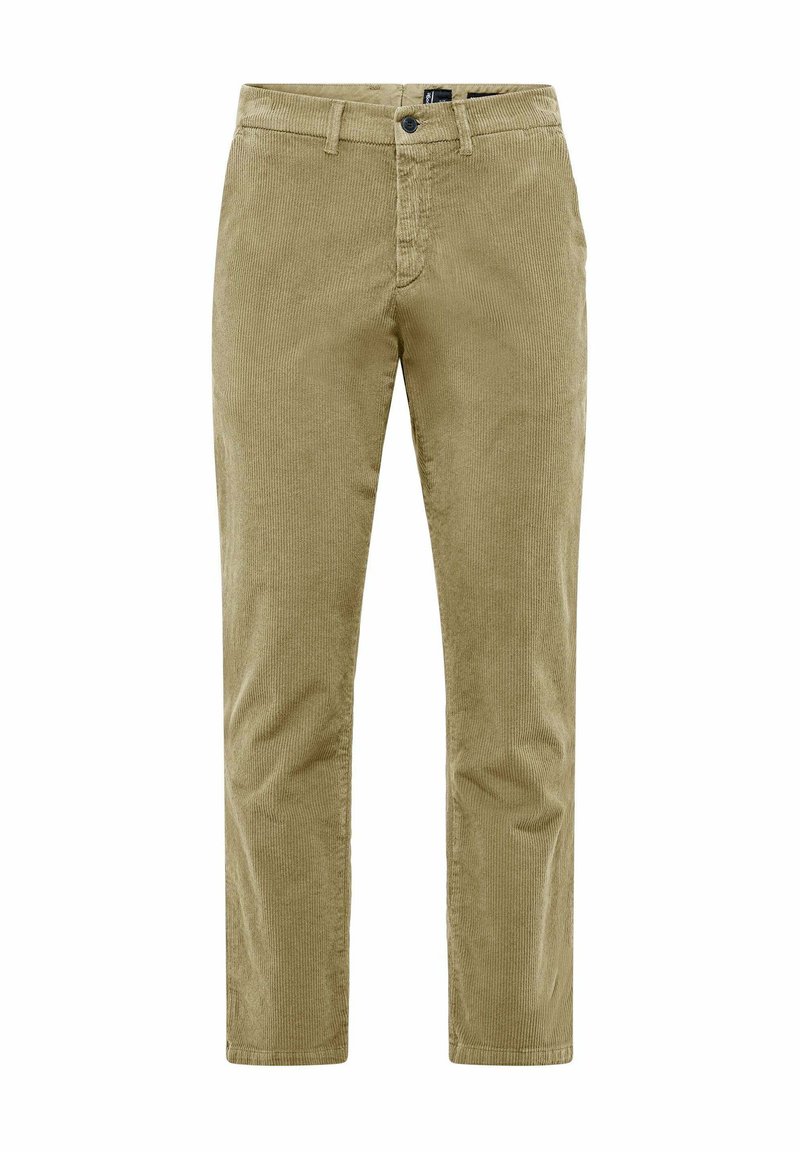 Beige Cordhosen mit Struktur, geraden Beinen, Fronttaschen und einem Knopfverschluss. Der Stoff weist feine vertikale Rippungen auf.