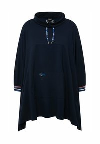 Tummanlaivansiniset ylisuurent hoodiet, jossa on kauluri ja moniväriset narut. Ominaisuuksia ovat pitkät hihat ja vaakasuorat raidat hihansuissa.