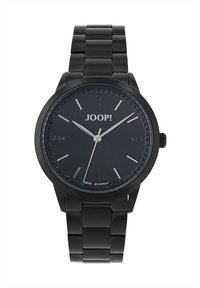 Zwarte metalen horloge met een ronde wijzerplaat, donkere wijzerplaat, zilveren accenten en kristal details rondom de bezel. Zwitserse uurwerk aangegeven op de wijzerplaat.