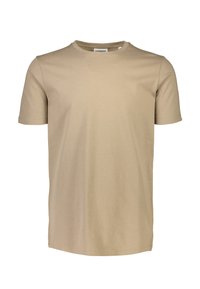 Beige kortärmad T-shirt tillverkad av mjuk bomull. Har en klassisk rund halsringning och rak passform, detaljerad med sydda fållar.