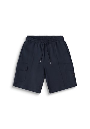 Short cargo bleu marine avec taille élastique, cordon de serrage, deux poches latérales à rabats et coupe droite.