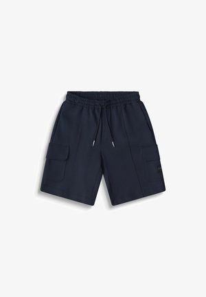 Short cargo bleu marine avec taille élastique, cordon de serrage, deux poches latérales à rabats et coupe droite.