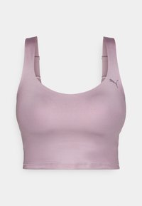 Sutien sportiv violet cu o textură netedă, bretele late și decolteu rotunjit. Prezintă un mic logo în colțul din dreapta sus.