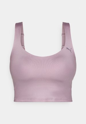 Sutien sportiv violet cu o textură netedă, bretele late și decolteu rotunjit. Prezintă un mic logo în colțul din dreapta sus.