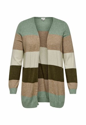 Long cardigan in alternating stripes of green, beige, brown, and cream. Features open front, long sleeves, and ribbed cuffs and hem.