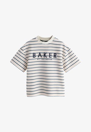 Camicia a maniche corte color crema con sottili righe orizzontali blu navy e rosa e scritta "BAKER BY TED BAKER" ricamata sul petto.