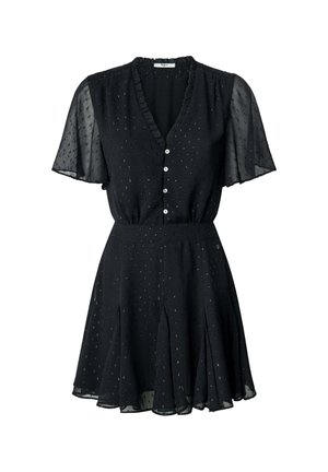 Vestido negro con mangas cortas y transparentes; cuenta con un frente abotonado, escote con volantes y una falda acampanada con textura de puntos.