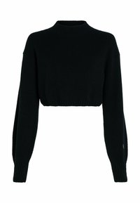 Schwarzer, taillierter Pullover mit strukturiertem Rippenmuster, hohem Kragen und langen Ärmeln. Der Stoff ist weich, hat eine taillierte Passform und leicht übergroße Ärmel.