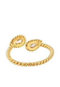 Guld-tonad vriden metallarmband med två cirkulära ändar som har vågiga kanter och en klar sten i varje ring.