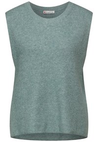 Ärmlös stickad topp i ljus teal färg med ribbad textur, rund halsringning och något förlängd nederkant. Slät tygfinish.