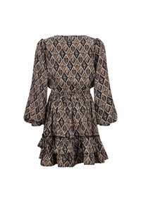 Schwarzes, braunes und cremefarbenes gemustertes Minikleid mit langen Ärmeln, einer taillierten Taille und einem geschichteten Volantsaum. Mit einem Diamantmuster über das gesamte Kleid.