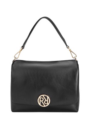 Black leather handbag with detachable shoulder strap, gold hardware, and a round gold logo clasp on the front flap.