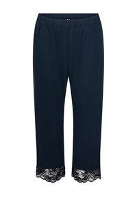 Marinefarbene Culotte-Hosen aus weichem Material, mit einem breiten elastischen Bund und schwarzem Spitzenbesatz am Saum. Maßgeschneiderter und locker sitzender Schnitt.