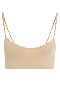 Bralette in tessuto elasticizzato beige con spalline sottili, scollatura arrotondata e superficie liscia; senza elementi hardware o decorazioni visibili.