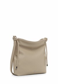 Beige Lederhandtasche mit einer weichen, strukturierten Oberfläche. Verfügt über ein lässiges Design, einen verstellbaren Kordelzugverschluss und minimalistische silberne Beschläge.
