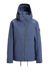 Wasserfeste blaue Jacke mit durchgehendem Reißverschluss, verstellbarem Kapuze, zwei Seitentaschen und elastischen Kordelzügen am Saum und an den Ärmeln.