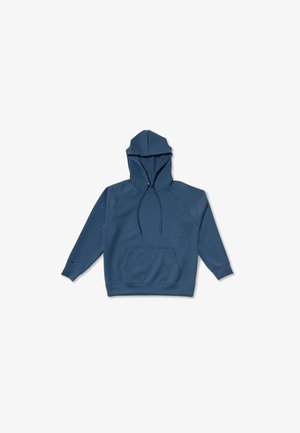 Niebieska bluza z kapturem z długim rękawem, z kieszenią z przodu i ściągaczami, rozłożona płasko na białym tle.