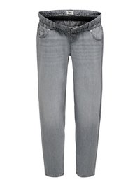 Pelēkas džinsa bikses ar elastīgu jostasvietu, piecu kabatu dizainu un brīvu piegulumu. Gluda tekstūra un smalka izbalējuma apdare visā virsmā.