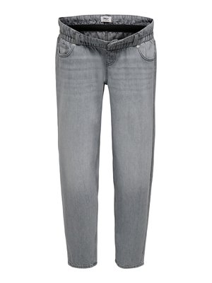 Gray denim pants with an elastic waistband, five-pocket design, and a relaxed fit. Smooth texture and subtle faded finish throughout.