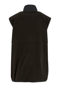 Gilet en polaire noir avec un col haut, un design sans manches et un ourlet court. Présente une texture lisse et des détails de couture subtils.