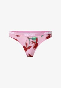 Parte inferior de bikini rosa con patrones de cerezas rojas y una cintura rosa con logotipos blancos de "PSD".