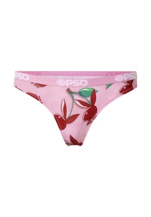 Rosa bikinibund med røde kirsebærmønstre og en rosa midjebånd med hvite "PSD"-logoer.