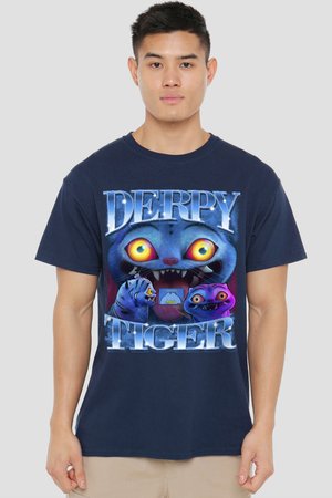 Man wearing navy blue T-shirt with large colorful cartoon cat face and two smaller creatures, text "DERPY TIGER" above and below.