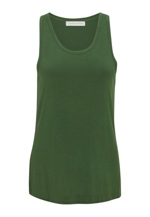 Zielony top na ramiączkach bez rękawów z zaokrąglonym dekoltem i prostym dołem, wykonany z gładkiej tkaniny.