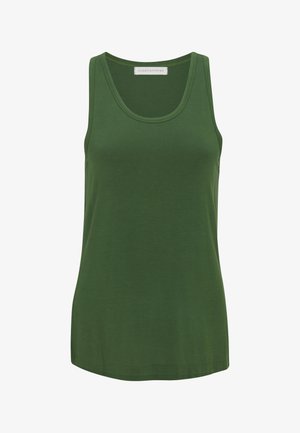 Zielony top na ramiączkach bez rękawów z zaokrąglonym dekoltem i prostym dołem, wykonany z gładkiej tkaniny.
